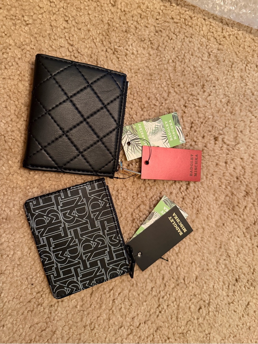 Badgley Mischka Black Quilted Bifold Wallet with Black Logo Zip Card Case